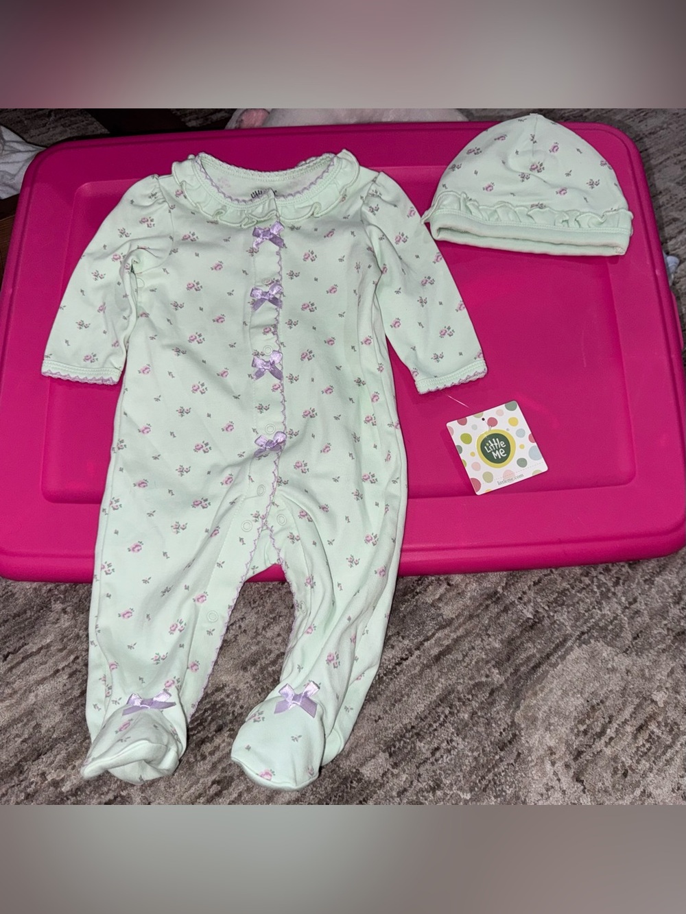 Little Me Mint One-Piece Footed Pajamas with Floral Print and Hat